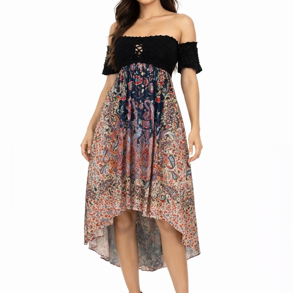 Sky Dress High Low Midi Paisley Floral Crotchet sleeve Off Shoulder Mult…